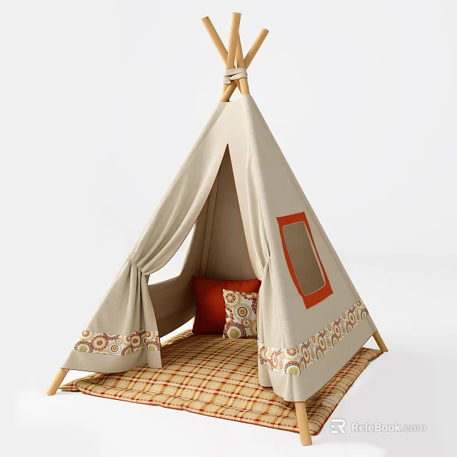 Beige Kids Tipi Tent with Orange Window Frame Plaid Mat and Patterned Edges 3d model 