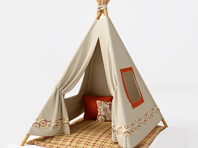 Beige Kids Tipi Tent with Orange Window Frame Plaid Mat and Patterned Edges 3d model