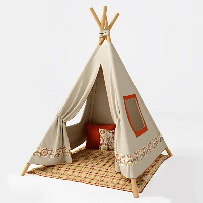 Beige Kids Tipi Tent with Orange Window Frame Plaid Mat and Patterned Edges 3d model