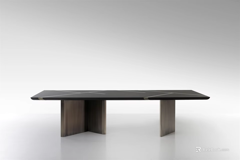 Modern Minimalist Dining Table With Rectangular Black Tabletop And Wooden Legs 3d model