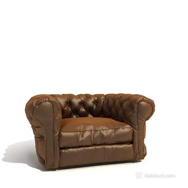 Brown Leather Single Sofa With Tufted Design And Wide Armrests Classic Style 3d model 