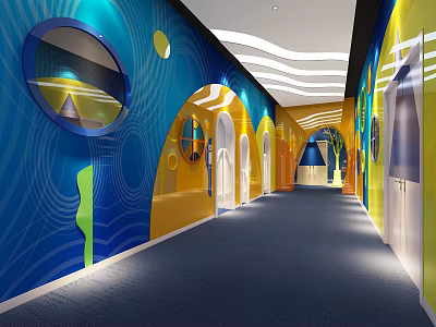 Modern Elevator Hallway Blue Yellow Wave Patterns Circular Windows White Wavy Ceiling Dark Carpet 3d model