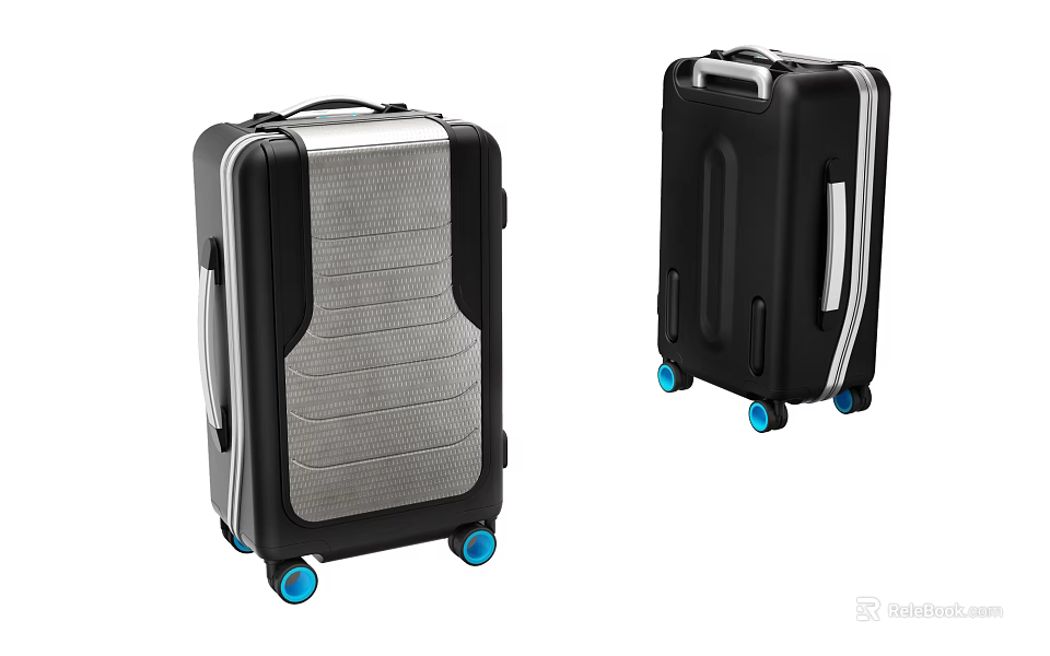 Two Stylish Black Grey and Black White Trim Suitcases with Blue Wheels 3d model 