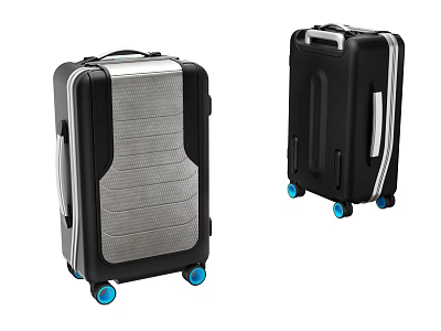Two Stylish Black Grey and Black White Trim Suitcases with Blue Wheels 3d model