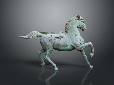 Ancient Bronze Horse Sculpture With Green Patina In Running Pose And Saddle Details 3d model