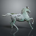 Ancient Bronze Horse Sculpture With Green Patina In Running Pose And Saddle Details