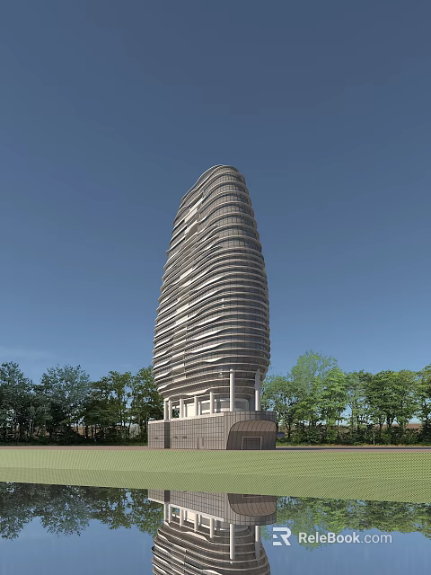 Modern Tall Building With Spiral Exterior Design Surrounded By Green Trees And Blue Sky 3d model 