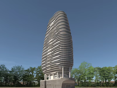 Modern Tall Building With Spiral Exterior Design Surrounded By Green Trees And Blue Sky 3d model