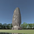 Modern Tall Building With Spiral Exterior Design Surrounded By Green Trees And Blue Sky