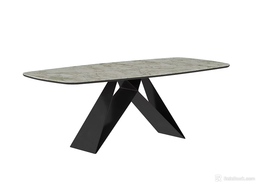 Modern Dining Table With Gray Marble Texture Top And Black Geometric Cross Legs 3d model 