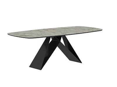 Modern Dining Table With Gray Marble Texture Top And Black Geometric Cross Legs 3d model