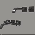 Modern Black Wall Mounted Faucet with Curved Spout and Square Control Knobs 3d model