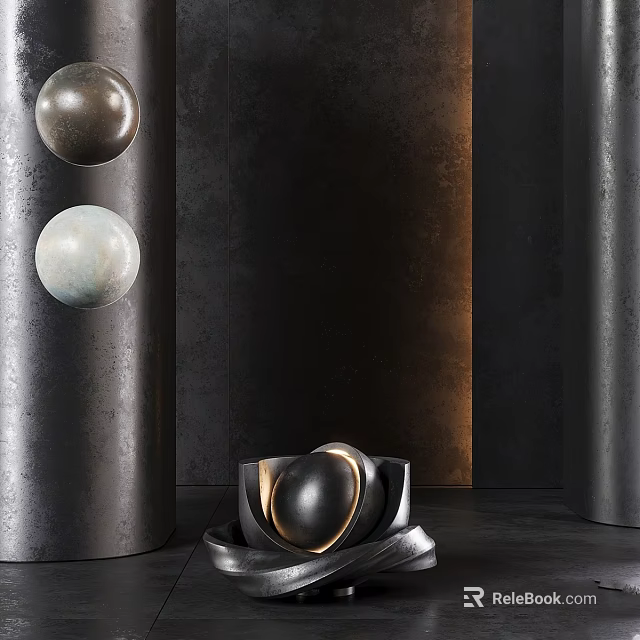 Modern Decorative Spheres With Metallic Cylindrical Structures On Dark Textured Background Featuring Gold Accents 3d model