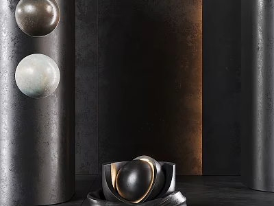 Modern Decorative Spheres With Metallic Cylindrical Structures On Dark Textured Background Featuring Gold Accents 3d model