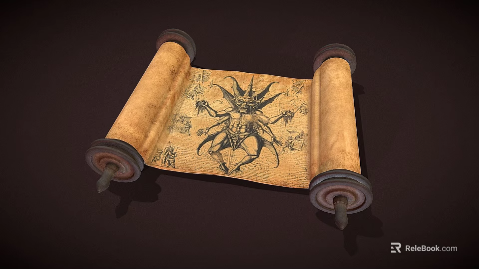 Vintage Parchment Scroll With Detailed Demonic Figure Illustration And Wooden Rollers 3d model 
