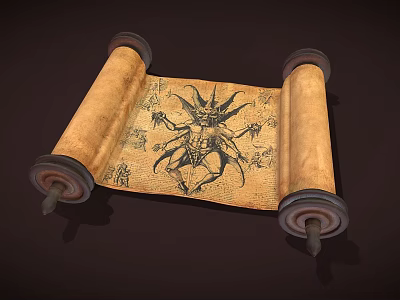 Vintage Parchment Scroll With Detailed Demonic Figure Illustration And Wooden Rollers 3d model