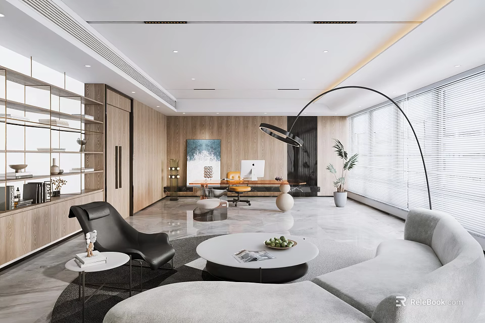 Modern Office Interior With Sofa Coffee Table Desk Plants And Floor To Ceiling Windows 3d model