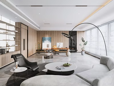 Modern Office Interior With Sofa Coffee Table Desk Plants And Floor To Ceiling Windows 3d model