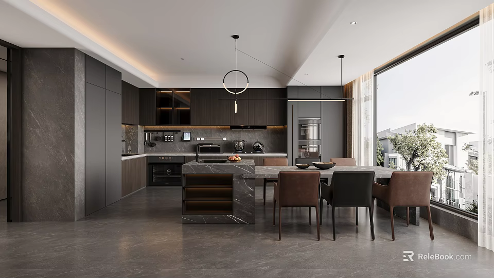 Modern Kitchen Interior With Dark Cabinets Island Counter Dining Table And Large Window 3d model