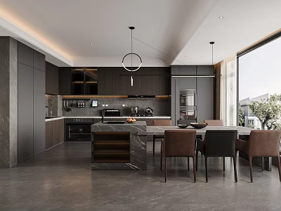 Modern Kitchen Interior With Dark Cabinets Island Counter Dining Table And Large Window 3d model
