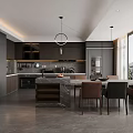 Modern Kitchen Interior With Dark Cabinets Island Counter Dining Table And Large Window 3d model