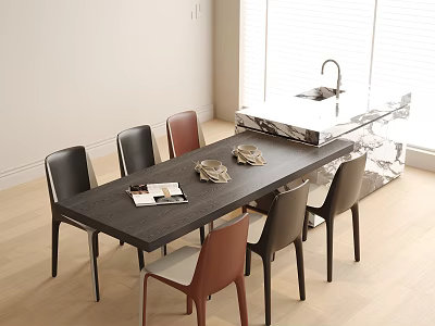 Modern Dining Table And Chairs Set With Dark Surface Mixed Color Seats And Tabletop Napkins 3d model