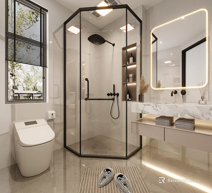 Modern Bathroom Interior With Glass Shower Enclosure Marble Countertop And Backlit Mirror 3d model 