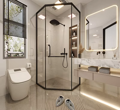 Modern Bathroom Interior With Glass Shower Enclosure Marble Countertop And Backlit Mirror 3d model