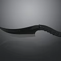 Curved Blade Knife With Blue Black Handle And Decorative Patterns On Dark Surface
