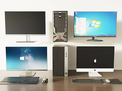 All in One And Tower Desktop Computers With Monitors Keyboards Mouse 3d model