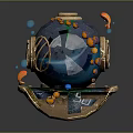Ornamental Sphere Sculpture With Blue Green Surface Golden Base Circular Gold Element And Metal Frame