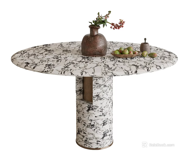 Round Marble Dining Table with Brown Vase Flowers and Green Fruit Plate on Wooden Base 3d model 