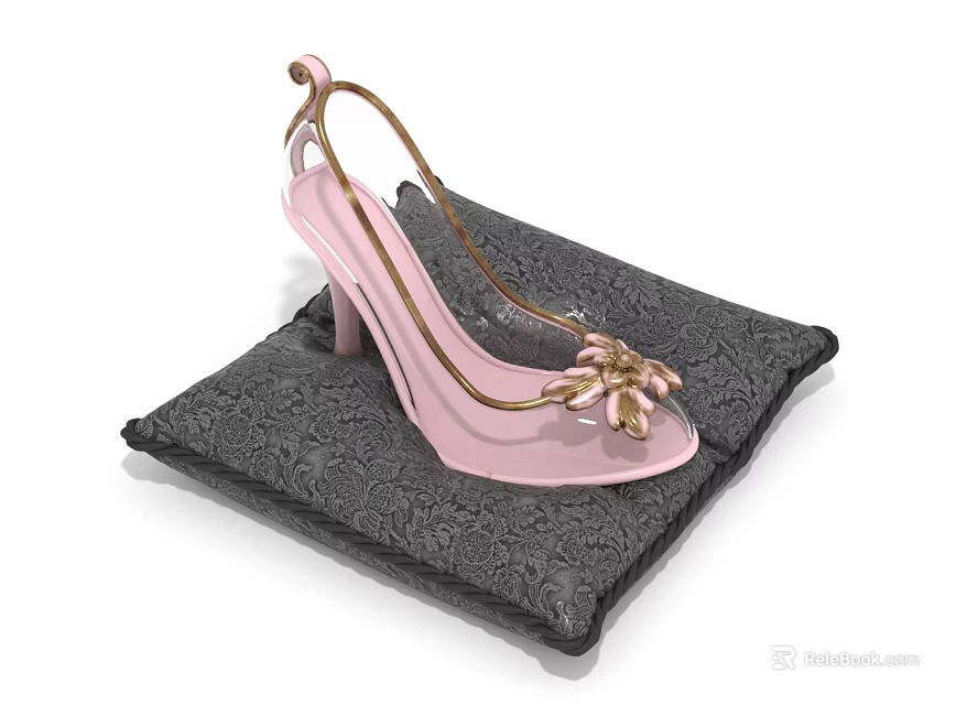Pink Strappy High Heels With Gold Bow Decorations On Black Mat 3d model 
