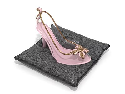 Pink Strappy High Heels With Gold Bow Decorations On Black Mat 3d model