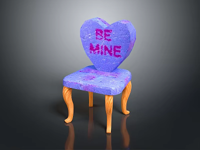 Heart Shaped Purple And Pink Chair With BE MINE Text And Wooden Legs 3d model