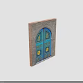 Blue Door With Gold Decorative Patterns And Arched Frame In Stone Wall