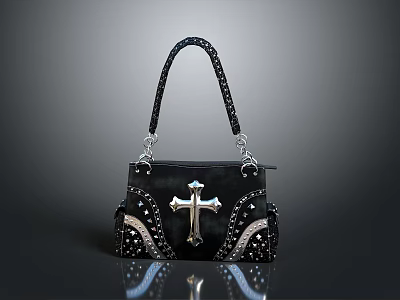 Stylish Black Handbag With Cross Ornament And Silver Decorative Straps 3d model