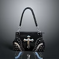 Stylish Black Handbag With Cross Ornament And Silver Decorative Straps