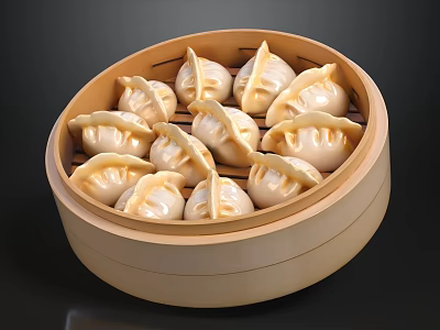 Bamboo Steamer Filled With Fresh Dumplings For Traditional Meal Experience 3d model