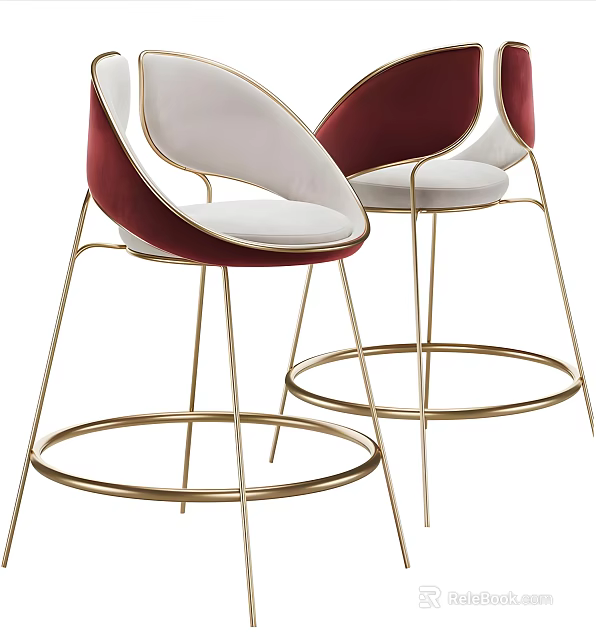 Modern Elegant Bar Stools With Red And White Velvet Upholstery And Golden Metal Frame 3d model 