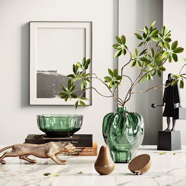 Elegant Modern Decorative Ornament Combination With Green Vase Foliage Bowl And Sculpture 3d model 