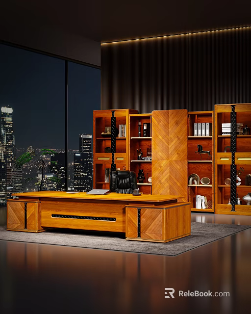 Modern Wooden Executive Office Desk With Bookshelves Decorative Items And City Night View 3d model 