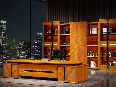 Modern Wooden Executive Office Desk With Bookshelves Decorative Items And City Night View 3d model