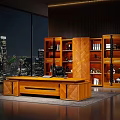 Modern Wooden Executive Office Desk With Bookshelves Decorative Items And City Night View