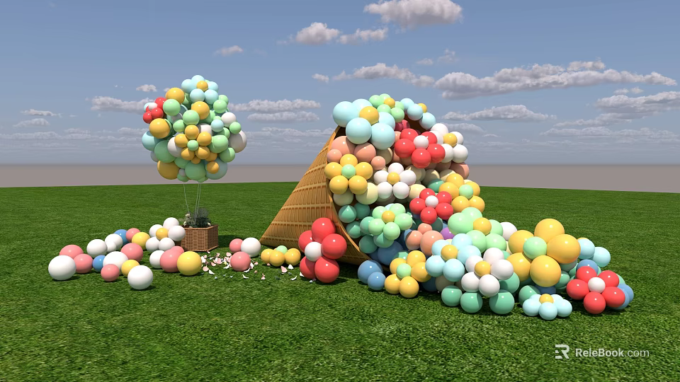 Colorful Inflatable Structures In Various Shapes On Green Grass Field With Cloudy Sky 3d model 