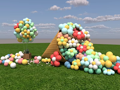Colorful Inflatable Structures In Various Shapes On Green Grass Field With Cloudy Sky 3d model