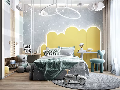 Kids Room Interior Design With Yellow Cloud Headboard Star Patterned Wall And Cloud Lights 3d model