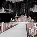 Stunning Banquet Hall Interior With Luxurious Chandeliers Pink Decor And Long White Aisle