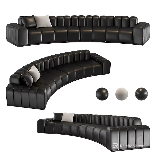 Black Leather Curved Multi Person Sectional Sofa With Comfortable Accent Pillows 3d model