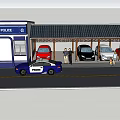 Police Building With Covered Parking Area Various Cars People And Police Car Nearby